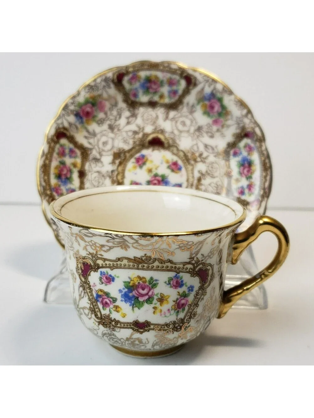 Vintage James Kent Demitasse Teacup & Saucer Pompadour England Gold Floral